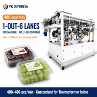 Applicateur d'étiquettes de fond de barquette de fruits à clapet synchronisé en ligne à 6 voies, entraîné par un servo-moteur, pour barquettes de fruits de 400 à 480 pièces/min