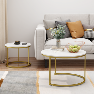 Set di 2 tavolini da caffè rotondi con piano in marmo bianco e struttura in metallo dorato, mobili per soggiorno - Product Image 2