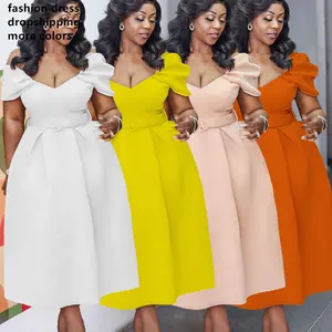 2022 échantillon gratuit à la mode nouveautés femmes couleur unie mode africaine dames bureau vêtements une ligne une pièce robe de soirée