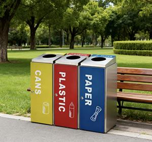 Poubelle extérieure en acier inoxydable à double compartiment, bac d'assainissement public, boîte de recyclage des déchets anti-odeurs - Product Image 1