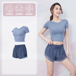 Combinaison de yoga de fitness de sports d'été à séchage rapide pour femmes maille d'entraînement deux pièces anti-exposition mince avec manches courtes pour la course - Product Image 4