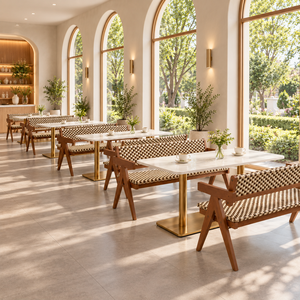 Panca e sedie con struttura a A in legno scuro e cuscini intrecciati, tavolo da pranzo per ristorante con piano in marmo bianco e piedistallo dorato per caffè e bistrot - Product Image 4