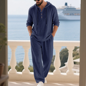 Completo da <span class=keywords><strong>uomo</strong></span> in cotone e lino a 2 pezzi, camicia Henley a maniche lunghe, <span class=keywords><strong>pantaloni</strong></span> casual da spiaggia con tasche, outfit estivo per yoga - Product Image 3