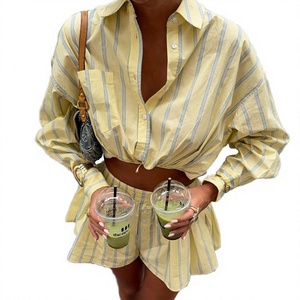 <b>Women's</b> Striped Oxford Shirt Shorts Set Full Sleeve Turn-down Collar Loose Fit Breathable Casual Spring Summer <b>2</b> <b>Piece</b> <b>Outfit</b> - Product Image 4