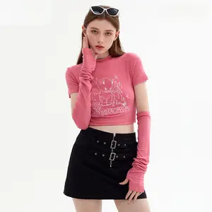 Wholesale high quality custom embroidery pattern Y2K new long two-part sleeve cotton cut top women's T-shirt