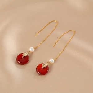 Boucles d'oreilles pendantes vintage pour femmes, longues franges en agate et perles naturelles - Product Image 5