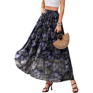 FOXA Maxi <b>Skirt</b> Women High Waist Floral Print Chiffon Flowy <b>Long</b> <b>Skirt</b> With Slit For Beach Vacation Travel <b>Summer</b> Wear - Product Image 1