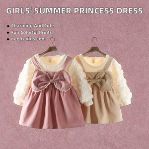 Meisjesjurk met zoete print, effen kleur, O-hals, katoen, A-lijn, knielengte, lange mouwen, prinsessenrok, babykleding, lente 2026 - Product Image 4