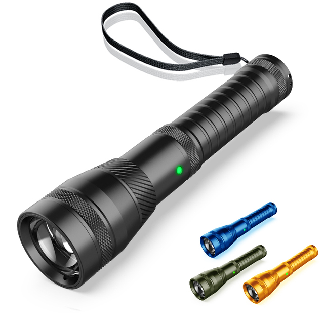 High Power Zoomable LED Flashlight USB Rechargeable Aluminum Alloy IP66 Waterproof 2000 Lumens 500m Long Range Power Indicator