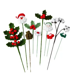 Knitted Flowers Bouquet Christmas Artificial Crochet Flower Santa Claus Berries Finished Knitting Flower Handmade Christmas Gift