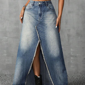 المرأة عارضة نمط عالية الخصر المتعثرة الجينز طويل تنورة Bodycon ممزق انقسام صورة ظلية مستقيم جيوب زر الديكور - Product Image 3