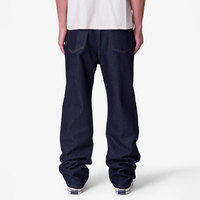 Jeans Rectos de Lavado Índigo Azul Oscuro para Hombre, Corte Ajustado, Costuras en Contraste, Botones Personalizados, Remaches, Parches de Cuero