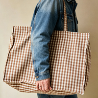 Sac fourre-tout en toile de coton décontracté personnalisé High King avec logo, motifs à carreaux Gingham, longues poignées, pour la plage, les voyages et l'usage quotidien