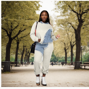 ชุดเซ็ต 2 ชิ้น เสื้อฮู้ดลำลองผ้าเดนิมต่อผ้าสไตล์ลำลองสำหรับฤดูใบไม้ร่วงและฤดูหนาว แฟชั่นสำหรับผู้หญิง - Product Image 3