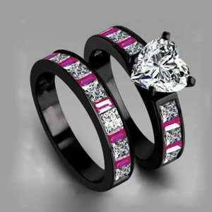 Set di anelli classici per coppia con zirconi a forma di cuore bicolore per gioielli da donna alla moda minimalista - Product Image 3
