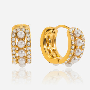 Huggie Earrings Gold Tone Pearl Rhinestone Channel Setting Stainless Steel Everyday Wear - Product Image 1