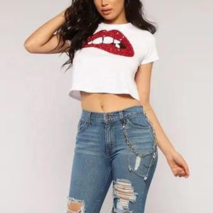 Camisetas cortas <span class=keywords><strong>de</strong></span> cuello redondo para niñas, Camisa <span class=keywords><strong>de</strong></span> algodón con lentejuelas personalizadas, 220gsm, novedad - Product Image 4