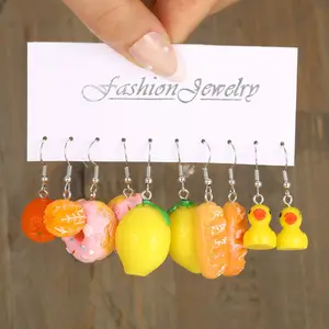 可爱树脂水果橙柠檬钩耳环女创意鸭甜甜圈面包耳环饰品