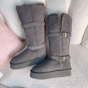 Bottes de neige hautes pour femmes, hiver, luxe haut de gamme, revers rabattables, cuir véritable, boucle, style motard, doublure en fourrure, coton épais - Product Image 3