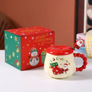 Ensemble cadeau de Noël FX mignon : Tasse en céramique avec poignée, motif Joyeux Noël, mugs à café/eau avec couvercle, cadeaux d'affaires tendance - Product Image 1