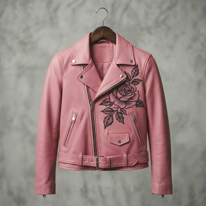 Pink Cow Skin Motorcycle Jacket <b>Women</b> Biker <b>Coat</b> Asymmetric Zipper <b>Belted</b> Waist Floral Embroidery Winter Outerwear Custom Front - Product Image 1