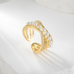 Cross Shaped Faux Pearl Openwork Ring Micro Pave Adjustable Index Finger Band Party Jewelry - Product Image 1