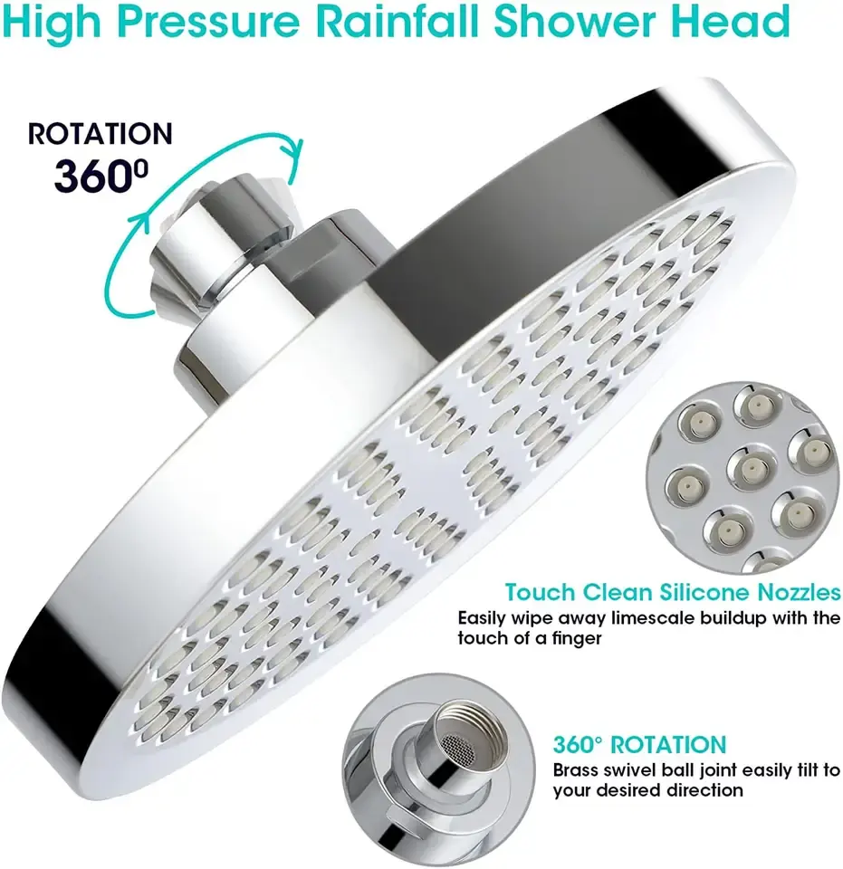 Chuveiro de chuva de luxo com água de 6 polegadas totalmente cromado para banheiro, chuveiro de alta pressão