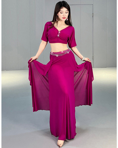 2024 Newest Sexy Deep V-neck tank Top Short Sleeve With High <strong>Split</strong> <strong>Skirt</strong> for Oriental Belly Dance Training Costumes Set - Product Image 5