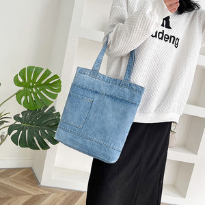 Bolso de tela vaquera sencillo con un solo hombro y logotipo personalizado al por mayor para mujeres y niñas, bolso vaquero informal con cremallera para estudiantes - Product Image 3