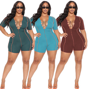 Autumn Plus <strong>Size</strong> Lace up Jumpsuit for Women <strong>Clothing</strong> XL-5XL Rompers Casual Hollow Out Plus <strong>Size</strong> Short Jumpsuit for Ladies - Product Image 1