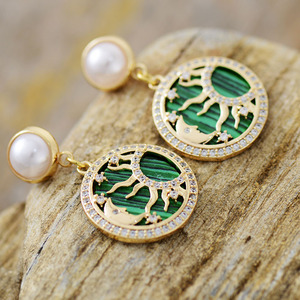 Boucles d'oreilles pendantes de luxe en malachite, perles et zircon, motif constellation, bijoux de soirée, couleur paon, sertissage clos en alliage de zinc - Product Image 4