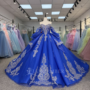 Vestido de Gala Formal de Gasa con Escote Corazón y Apliques Brillantes Azul Rey para Fiesta de Quinceañera Dy20292, 100% Algodón Natural - Product Image 4