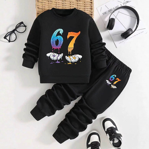 Ensemble rétro pour petits garçons, sweat-shirt noir à col rond et pantalon de jogging à taille élastique, ensemble de vêtements doux pour enfants pour tous les jours - Product Image 1