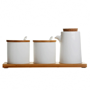 Ensemble de pots d'assaisonnement en céramique, bouteille de vinaigre, Condiment salière boîte d'assaisonnement avec couvercle en bois - Product Image 6