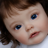 Boneka Bayi Reborn 22 Inci, Vinyl Lembut, Dilukis Tangan, Realistis, Bayi Perempuan Baru Lahir, Rambut Keriting Cokelat, Mata Biru, Pakaian Rajut Putih