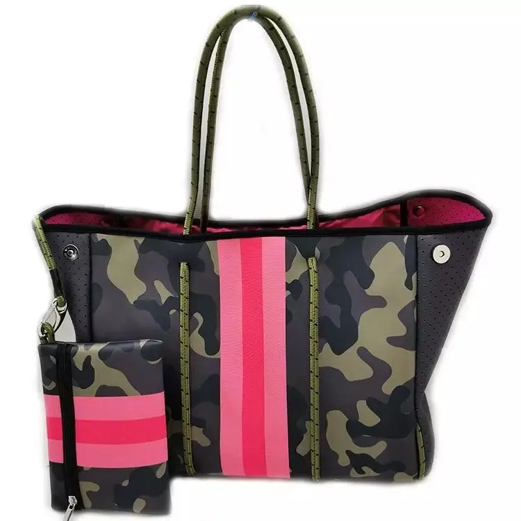 Túi Xách Đi Biển Big Beauty Mẹ Và Tôi Với Sọc Vàng 2021 Mức Cao Bán Nóng Leopard Ngụy Trang Camo Neoprene Beach Tote