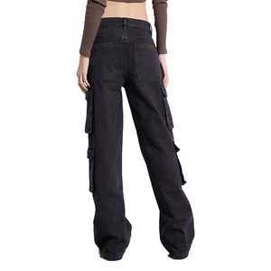 Custom Women 8 Pocket Style Boyfriend vita media Classic Black Wash <span class=keywords><strong>pantaloni</strong></span> Cargo larghi con gamba rilassata Ultra-Slouchy - Product Image 4