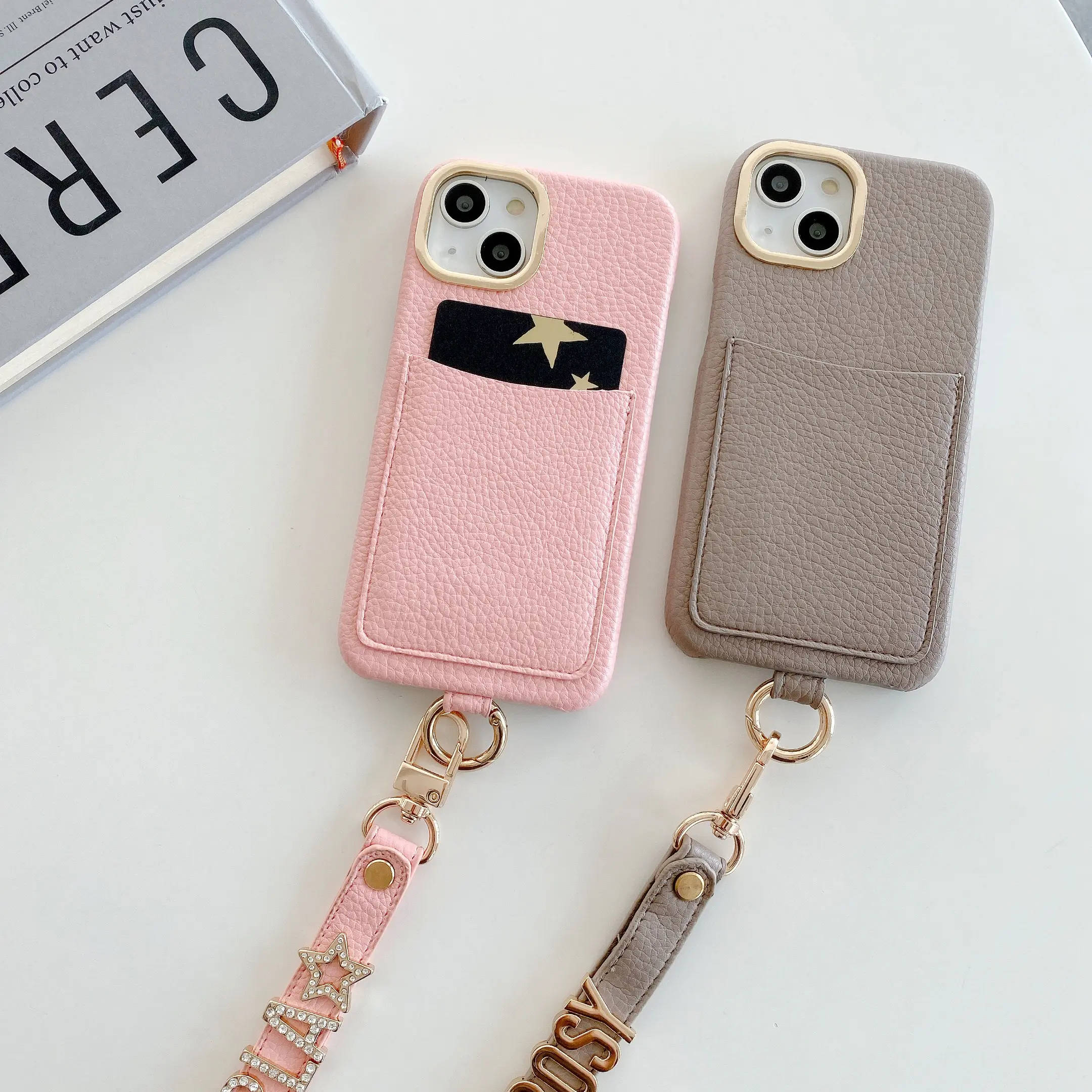PU leather Card bag Letter Phone Case Bracelet Custom For iPhone 11 12 13 14 Pro Max Mini XS XR SE 7 8Plus Genuine Leather Cover