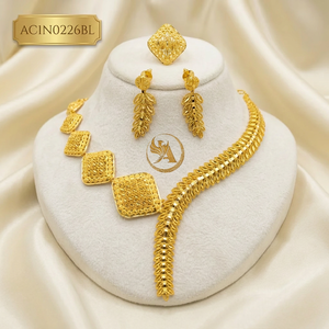 Gold Plated Geometric Square Necklace Set for African Women Short Necklace Fashion Jewelry with Leaf Design Brass Box Chain - Product Image 1