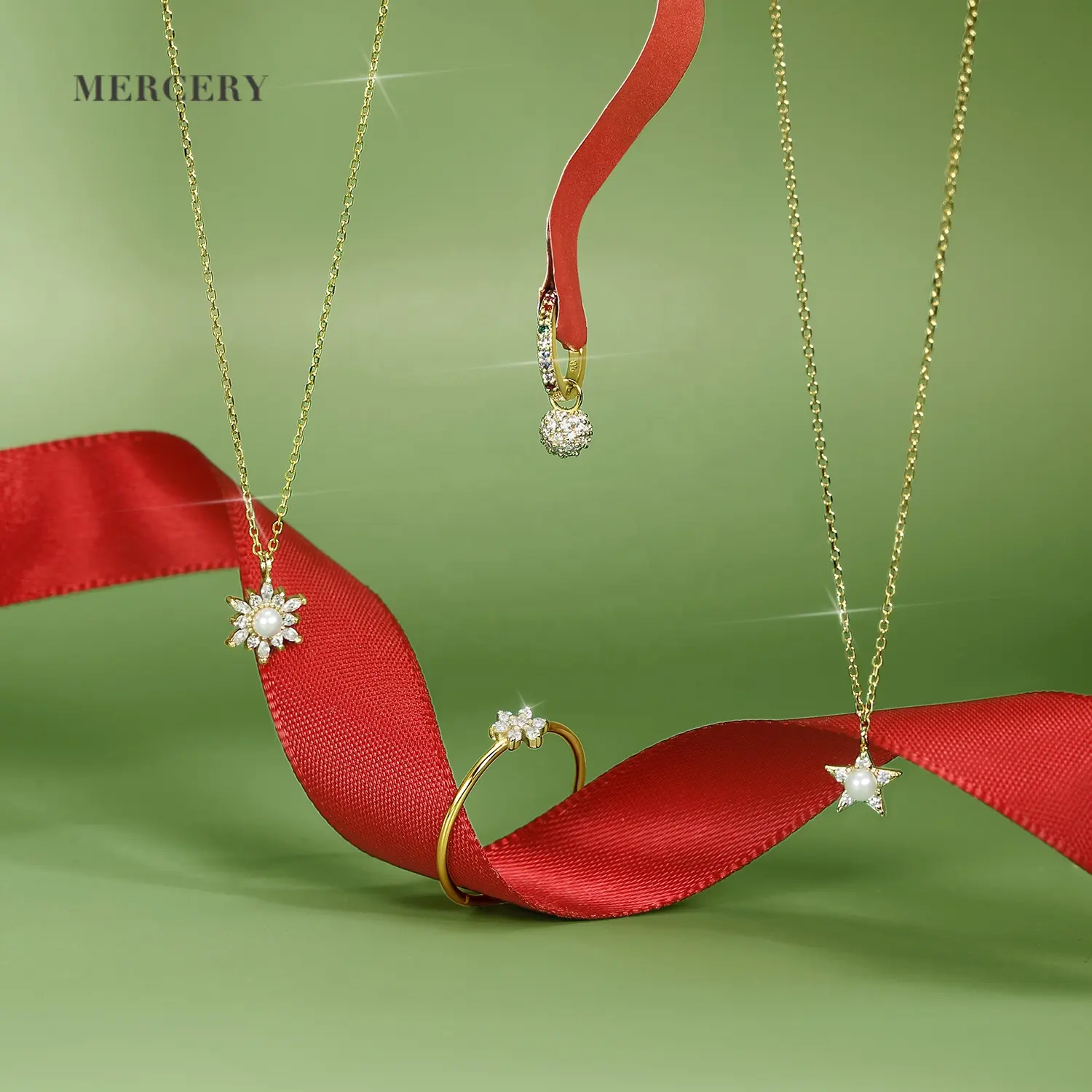 Mercery Bijoux Christmas Gift 925 Sterling Silver Pearl Zircon Star Snowflake Earring Necklace Ring 14k Gold Vermeil Jewelry Set