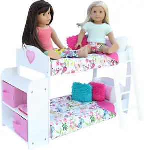 2023 new high quality 18 Inch American Girl Solid wood Doll Bunk Bed with Linens Pajamas Shelves