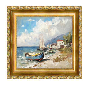 Pittura a olio decorativa con cornice in oro di lusso stile europeo dipinto artistico appeso a tema barca a vela paesaggio marino - Product Image 1