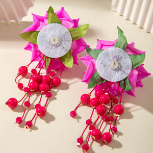 Orecchini Eleganti in Stile Europeo e Americano, Personalizzati, Fatti a Mano, con Fiori Esagerati, Perle e Nappine - Product Image 5