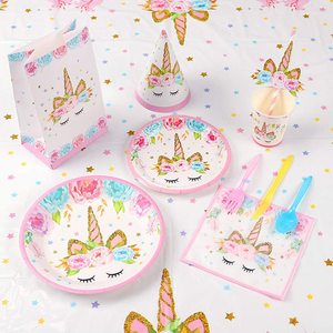 Nicro <span class=keywords><strong>licorne</strong></span> thème bébé fille assiettes en papier décoration de Table joyeux anniversaire fête jetable papier vaisselle fête fournitures Kit - Product Image 5