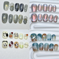 2026 Faux ongles à presser faits main, amande, courts, carrés, amusants, amovibles, réutilisables, 3D stéréo, motif dessin animé Kawaii, mignons, pour doigts