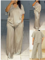 Dernier modèle de vêtements de mode pour femmes Boutique de vêtements de rue Ensemble 2 pièces chemise à manches courtes et col en V dépouillé et pantalon à jambes larges