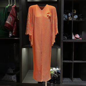 High-end Plus-size Casual Dress Pleated Dragon Fish <strong>Scale</strong> Design Solid Color V-neck Batwing Sleeve Loose Elegant For Autumn - Product Image 1