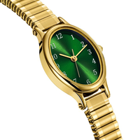 Jam Tangan Wanita Elegan Hijau Kuarsa Sport Fashion Easy Reader 20mm dengan Tali Ekspansi Baja Tahan Karat untuk Pergelangan Tangan Kecil (Emas/Perak) Kaca