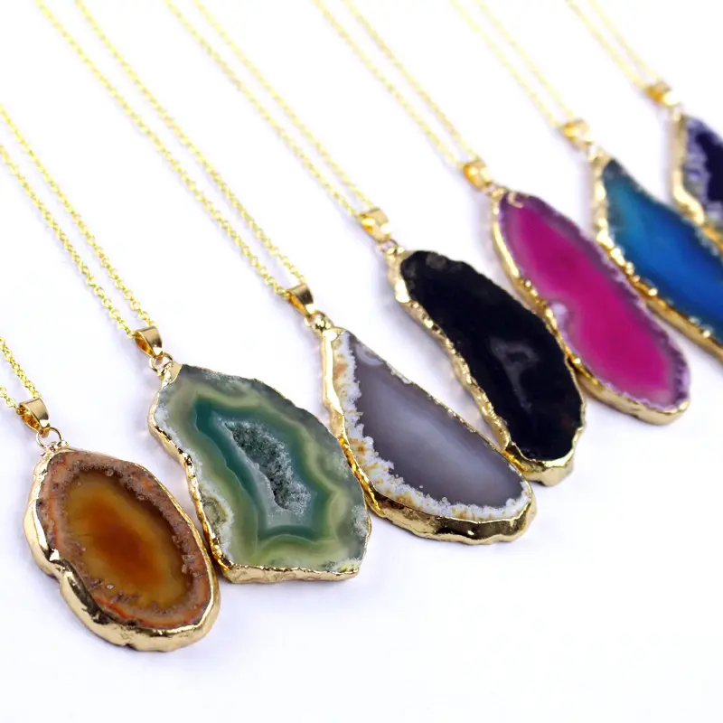 colored natural stone Fashion Gold Plated Irregular Shape Natural Geode Stone Agate Pendant Necklace for Women Gift