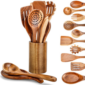 Ustensiles de cuisine en bois d'acacia naturel en gros : spatules et cuillères avec support en bois pour poêles et gadgets de cuisine - Product Image 1
